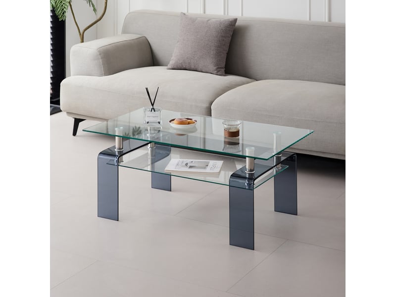  Table basse ulevr en verre trempé transparent 100 x 55 x 45 cm, 2 niveaux, pieds en verre gris  - Conforama B