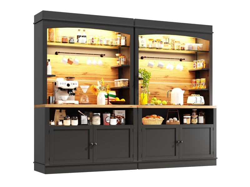  2x meuble de cuisine, buffet haut cuisine 107x43x184 cm, vitrine, buffet avec éclairage led, 6 crochets pour tasses,étagère ouverte  - Conforama A