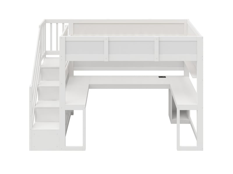  Lit mezzanine gaming 90 x 200 cm blanc en mdf et contreplaqué, bureau usb, escalier 4 rangements led  - Conforama D