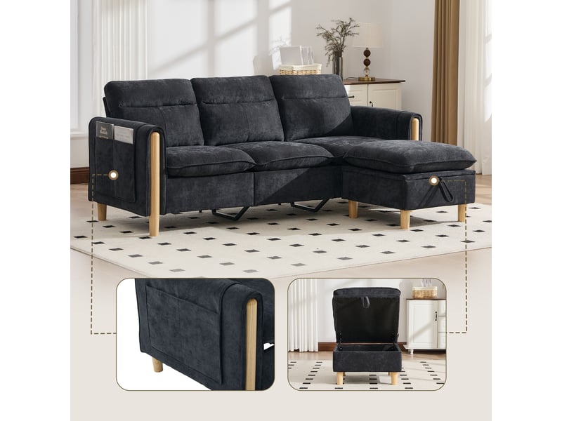 Canapé d’angle réversible 3 places avec rangement - poches latérales, pieds en bois massif, chenille noire - Conforama E