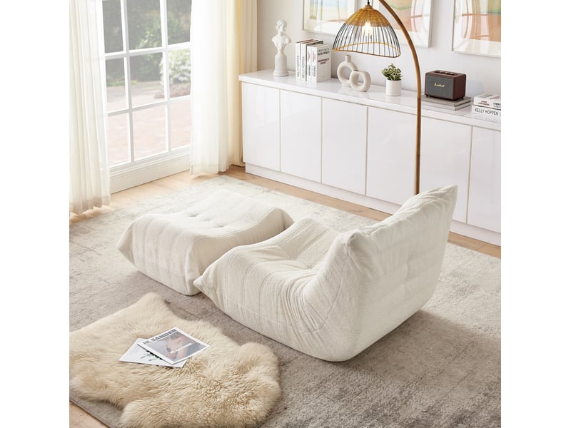  Fauteuil relax au sol beige en tissu bouclette avec repose-pieds, 90 x 100 x 70 cm pour lire et se détendre  - Conforama E