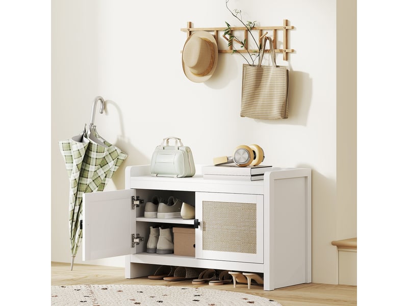  Banc à chaussures avec portes avant en rotin et étagère coulissante pour entrée ou chambre, 80 x 35 x 52 cm, blanc et beige  - Conforama D