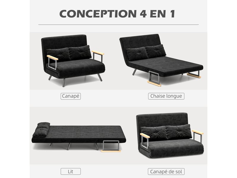  Canapé convertible 2 places 4 en 1, canapé-lit avec dossier réglable sur 5 niveaux, 2 coussins, noir, 102 x 73 x 81 cm  - Conforama D