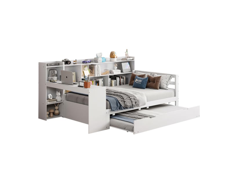  Lit gigogne 90x200 cm, sous-lit extensible et étagères intégrées, en bois, blanc, sans matelas  - Conforama A