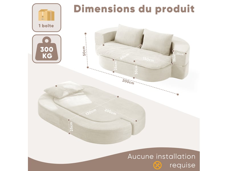  Canapé-lit pliable tcqpz convertible multifonction 2 places avec 2 oreillers flanelle blanc cassé  - Conforama C