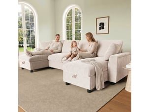 Canapé en u 279x135x84 cm avec rangement, 1 port usb et 1 port type-c, chenille, beige