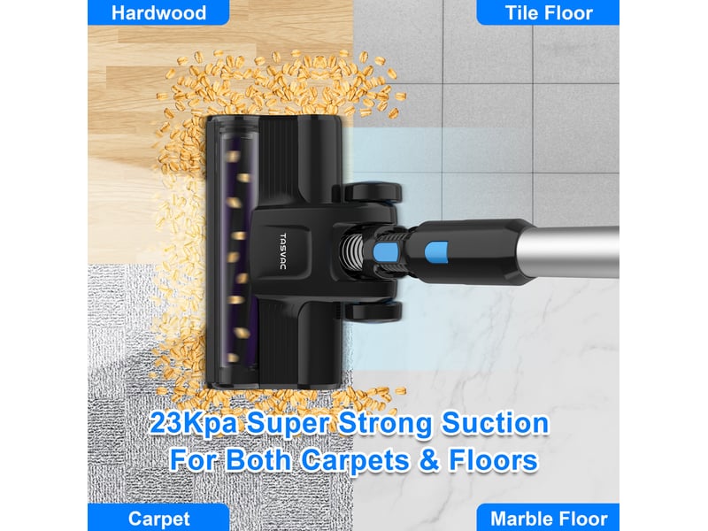Aspirateur balai sans fil tasvac s8 260 w – noir et bleu – led, 23 kpa, batterie amovible et filtre hepa - Conforama E