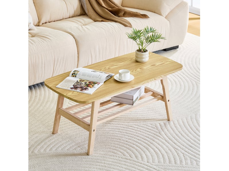 Table basse 100x48x42 cm à double niveau, grand espace de rangement, pour salon, appartement, bois, chic, couleur bois  - Conforama B