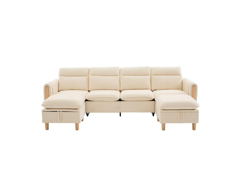 Canapé en u modulable 4 places en tissu chenille beige, avec 2 poufs à rangement, pieds en bois massif  - Conforama A