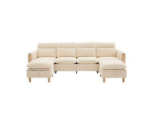 Canapé d'angle panoramique convertible <strong>SAPGAKS</strong> <strong></strong> 4 places Velours côtelé beige avec coffre de rangement