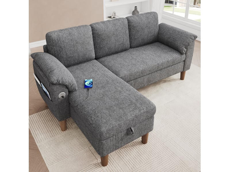  Canapé d'angle réversible 3 places avec coffre, ports usb et type-c, poches latérales en chenille gris clair  - Conforama D