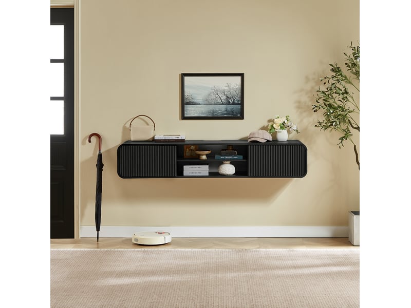 Meuble tv mural tcqpz 160 x 38 x 30 cm avec rangement ouvert et passe-câbles noir - Conforama D