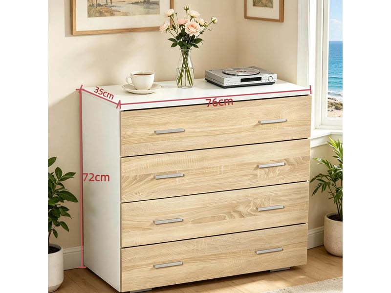  Commode 76x35x72 cm à 4 tiroirs, blanc et bois clair  - Conforama E
