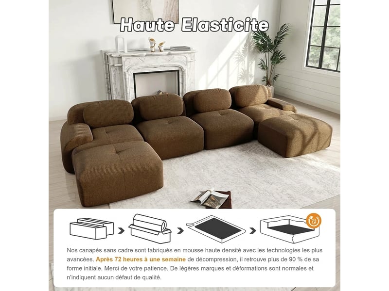  Canapé d'angle modulable 3 places sans montage en velours côtelé marron  - Conforama D