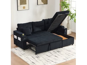Canapé d'angle droit convertible <strong>MODFU</strong> <strong></strong> 3 places Velours côtelé noir avec coffre de rangement