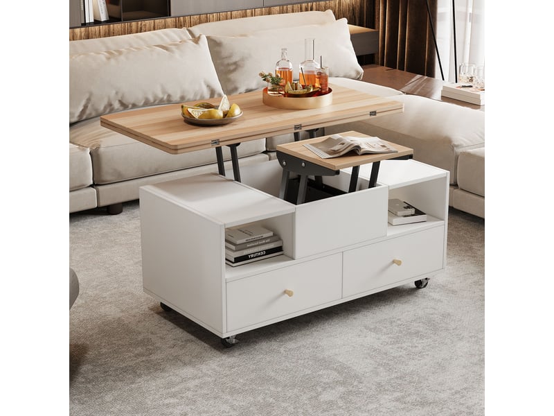  Table basse relevable avec 4 tiroirs et roulettes avec frein, pour salon, mdf, 100 x 50 x 47.5 cm, blanc et bois naturel  - Conforama B