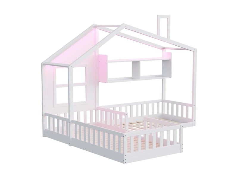 Lit enfant cabane avec fenêtre, bois blanc, 90 x 200 cm, étagères, led et garde-corps - Conforama D