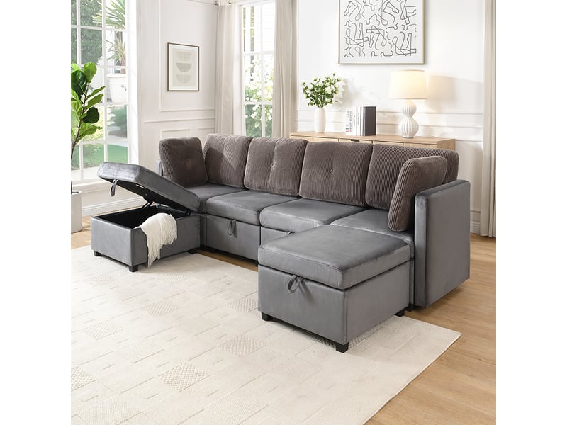  Canapé d'angle convertible,6 places, avec rangement,velours ,261 x 132 x 85 cm,gris  - Conforama D