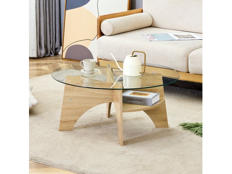  Table basse ronde 80x80x36 cm en verre trempé et mdf effet bois naturel  - Conforama B