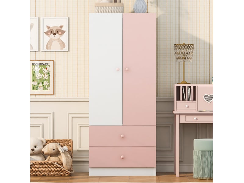  Armoire 70x40x170 cm, 2 portes avec 2 tiroirs et tringle, design à compartiments carrés, couleur bois rose et blanc  - Conforama D