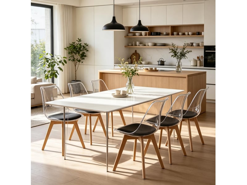  Lot de 6 chaises de salle à manger 49 x 42 x 83 cm noires, plastique, simili cuir et piètement en bois  - Conforama D
