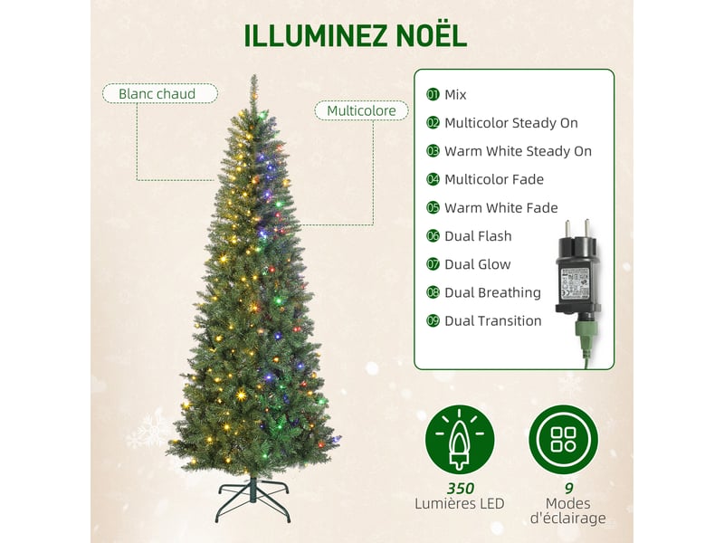  Sapin de noël artificiel 210 cm, arbre de noël fin avec 350 lumières, 1273 pointes, support en métal pliable, vert  - Conforama E