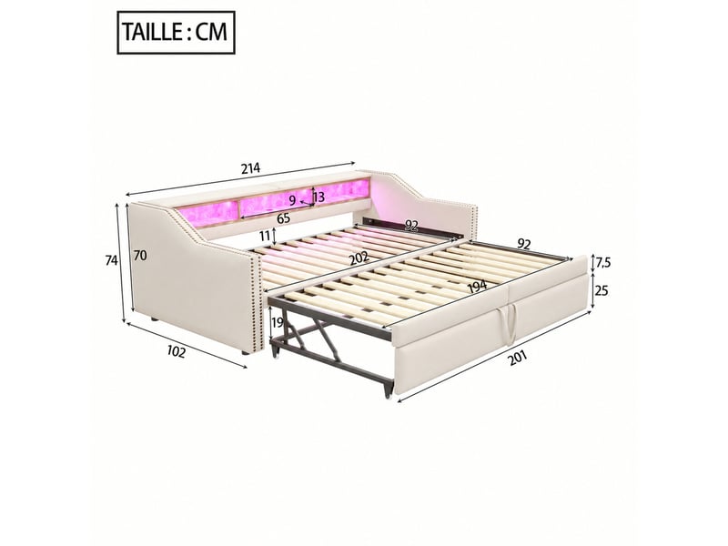  Canapé convertible lit gigogne avec sommier à lattes, rangements, éclairage led et prise usb, tissu lin beige  - Conforama D