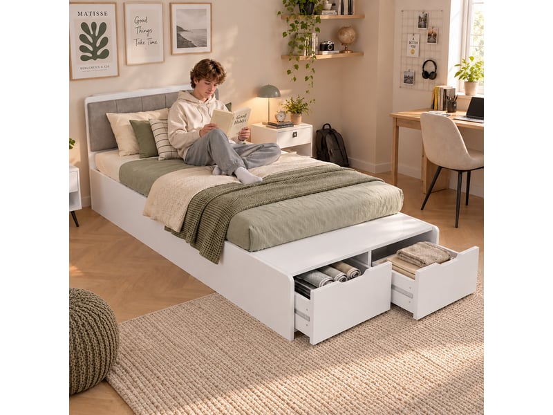  Lit enfant 90x200 cm avec tête de lit rembourrée, banquette au pied du lit et 2 grands tiroirs de rangement, lit adolescent en bois, blanc Seren Glow - Conforama D