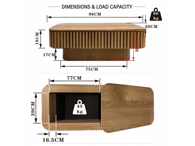  Table basse bois naturel 98 cm - façade rainurée, rangement caché - placage bois massif  - Conforama C