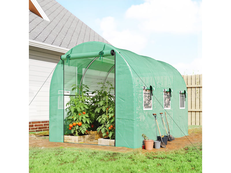  Serre 3 x 2 x 2 m, serre en aluminium avec roulettes, 2 portes à fermeture éclair et 6 fenêtres en filet, poteaux de soutien, verte  - Conforama C