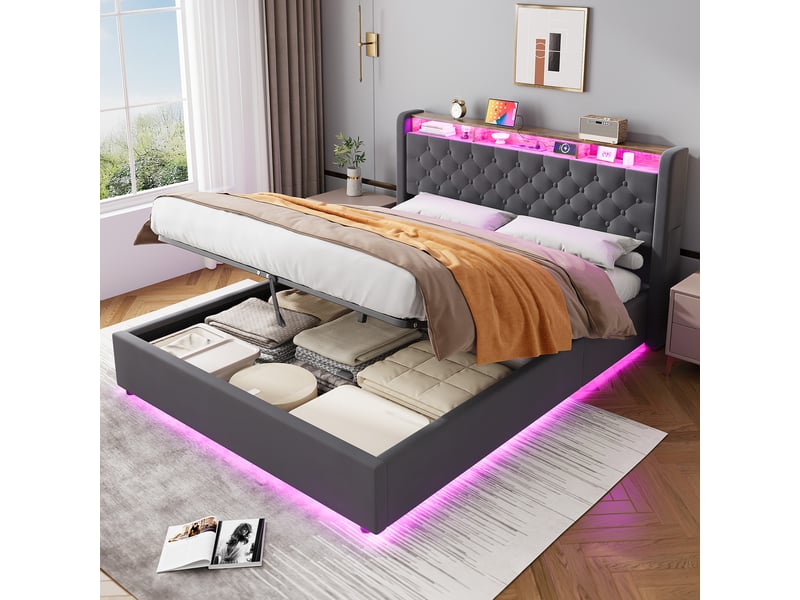  Lit double 160x200 cm avec rangement sous le lit et tête de lit avec étagère gris foncé homvra  - Conforama E