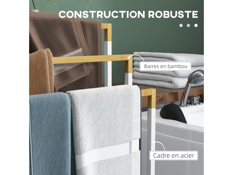  Porte-serviettes en bambou et acier sur pieds avec 3 barres support pour serviette blanc et naturel 45 x 22,5 x 86 cm  - Conforama E