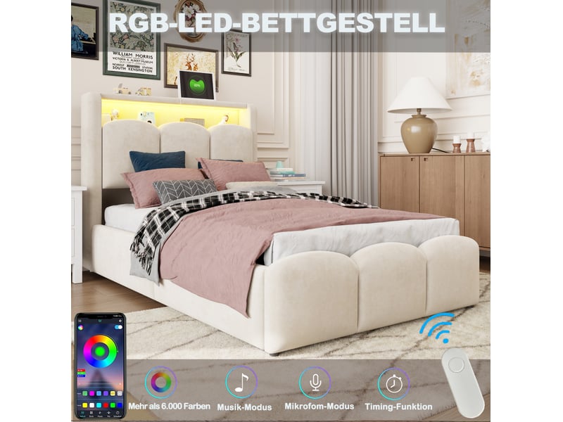  Lit enfant 90x200 cm avec rangement hydraulique et led métal mdf beige sans matelas  - Conforama D
