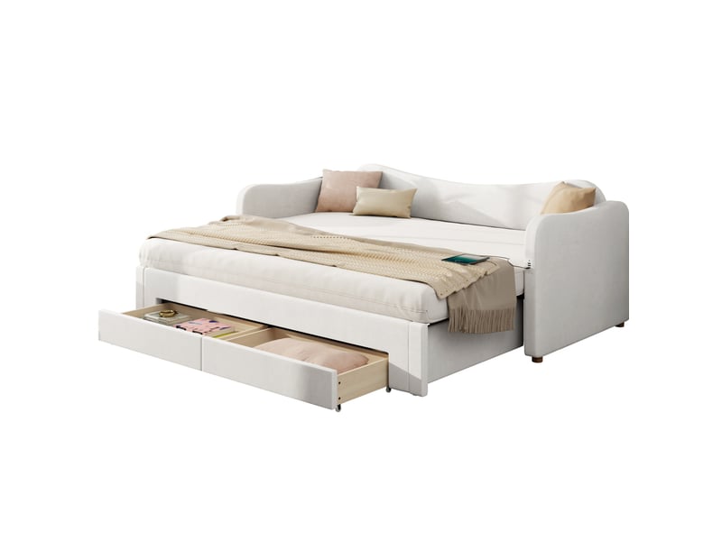  Lit gigogne 90x200 cm transformable en lit double avec tiroirs en velours beige  - Conforama A
