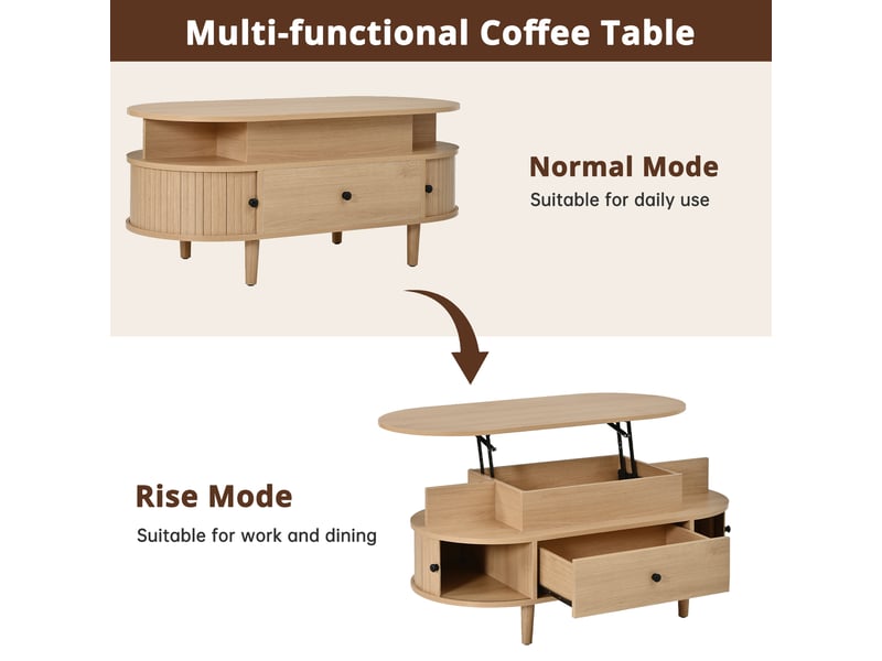  Table basse ovale relevable,105x50x60,5 cm,avec rangement,mdf,naturel  - Conforama E