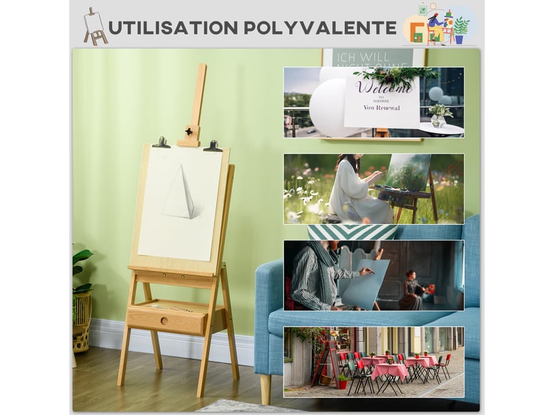  Chevalet en bois sur pied chevalet d'artiste avec tiroir intégré hauteur jusqu'à réglable 92 cm coloris naturel  - Conforama W