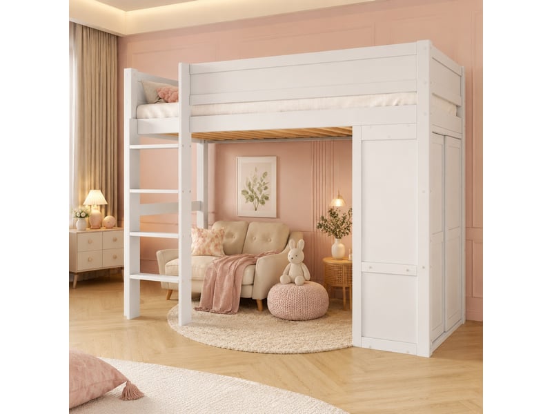 Lit mezzanine enfant 90 x 200 cm blanc avec armoire et rangement - Conforama B