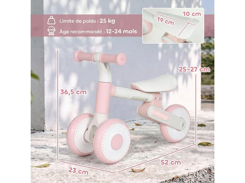  Draisienne bébé 1-2 ans pliable, siège réglable, direction limitée à 135°, pneus eva silencieux, 52x23x36,5cm, rose  - Conforama E