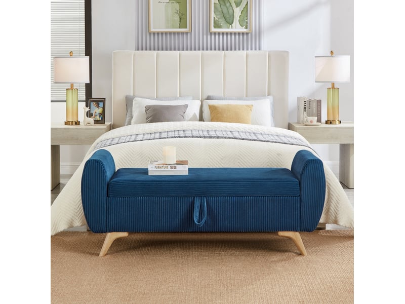  Banc de rangement pliable 145 x 51 x 57 cm en velours côtelé bleu avec pieds en bois  - Conforama B