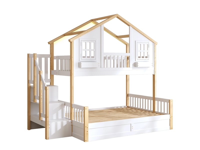  Lit d'enfant 90 × 200 + 140 × 200 cm, en bois massif, avec éclairage led et échelle de rangement, blanc + couleur bois naturel  - Conforama E