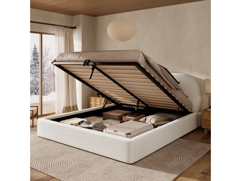  Lit coffre 180x200 cm en bouclé beige avec tête arrondie Fay Lum - Conforama D