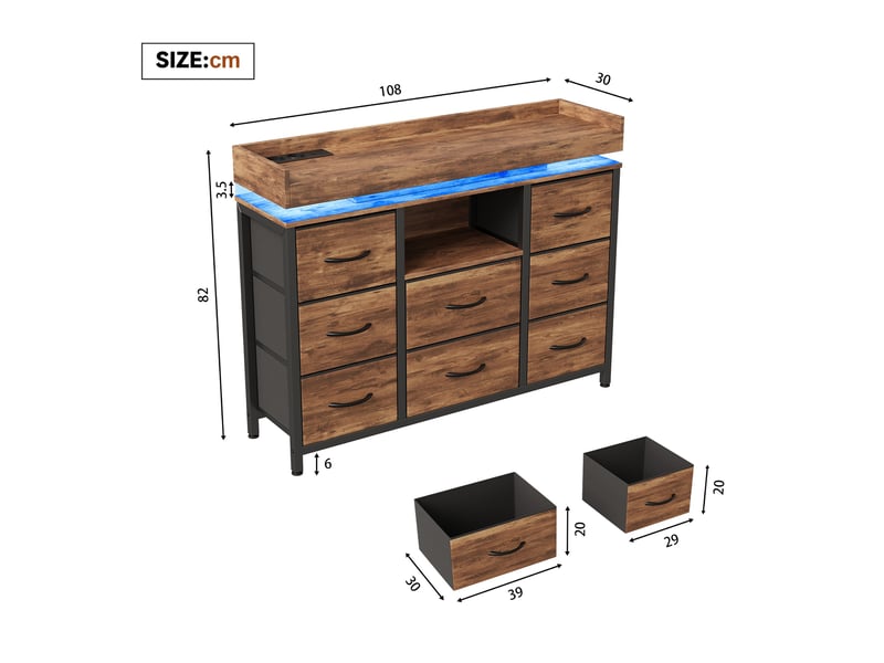  Commode 8 tiroirs - 108x30x82cm - meuble de rangement avec niche ouverte, bande led rgb réglable, style gamer - marron  - Conforama E