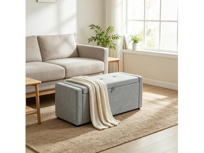  Banc de rangement tcqpz 122 x 48 x 44 cm avec coffre caché en tissu effet lin gris clair  - Conforama B