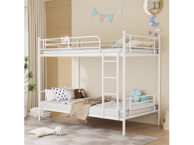  Lit superposé 90 x 190 cm en acier blanc avec échelle et garde-corps haut  - Conforama B