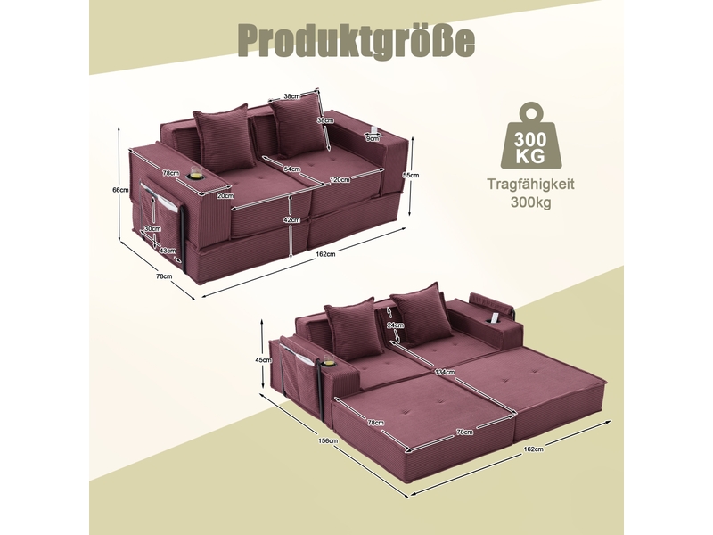 Canapé deux places en velours côtelé rouge bordeaux avec rangement latéral, coussins et assise modulable pour salon et coin lecture - Conforama E
