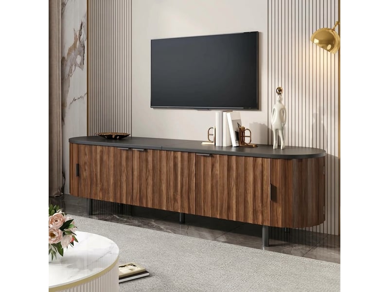  Meuble tv noyer 170 cm en mdf avec 5 portes à façade rainurée et bords arrondis  - Conforama E
