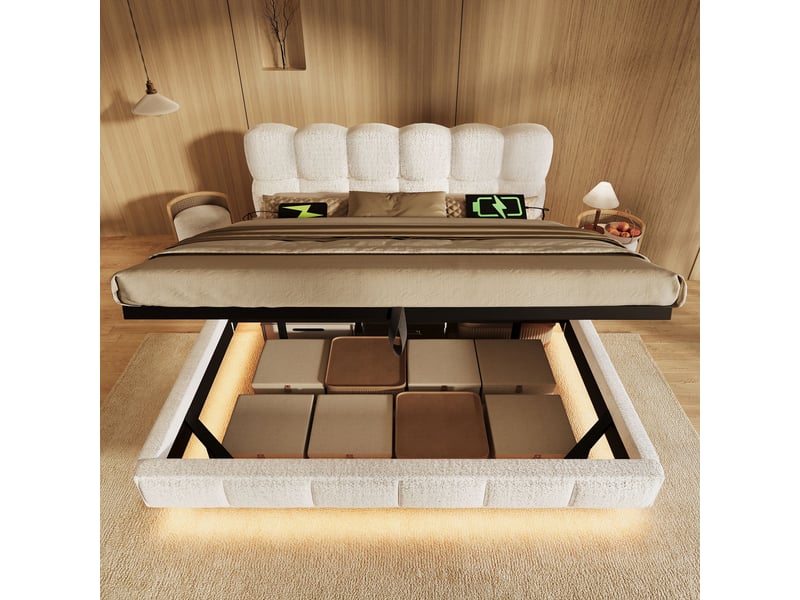  Lit double rembourré 140x190 cm effet suspendu, design nuage, rangement hydraulique, led, usbtype-c, chenille beige, sans matelas Fay Lum - Conforama E