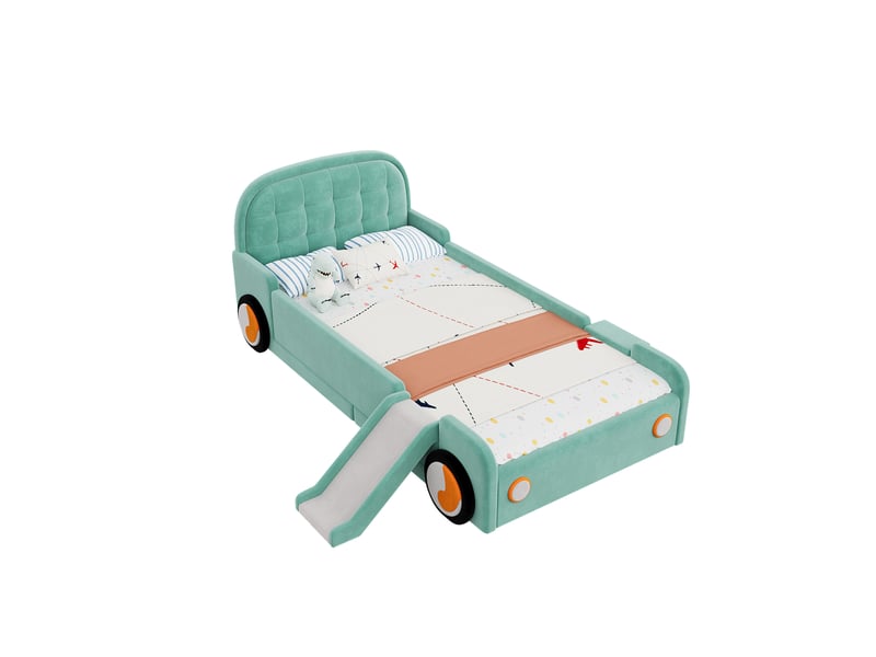  Lit enfant voiture 90x200 cm avec toboggan, escalier et protection, bleu-vert  - Conforama A