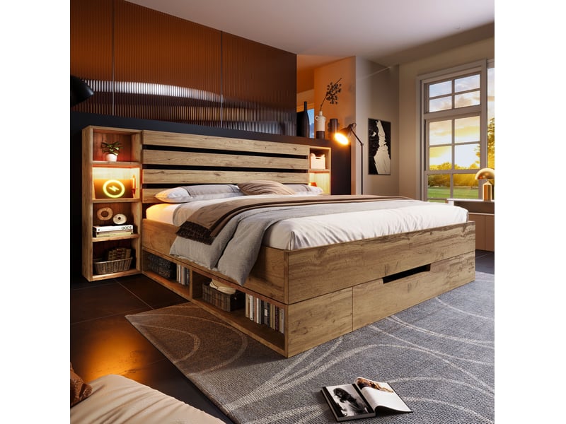  Lit double 180x200 cm avec rangement, led, usb-c, tiroirs et tête de lit chêne  - Conforama E