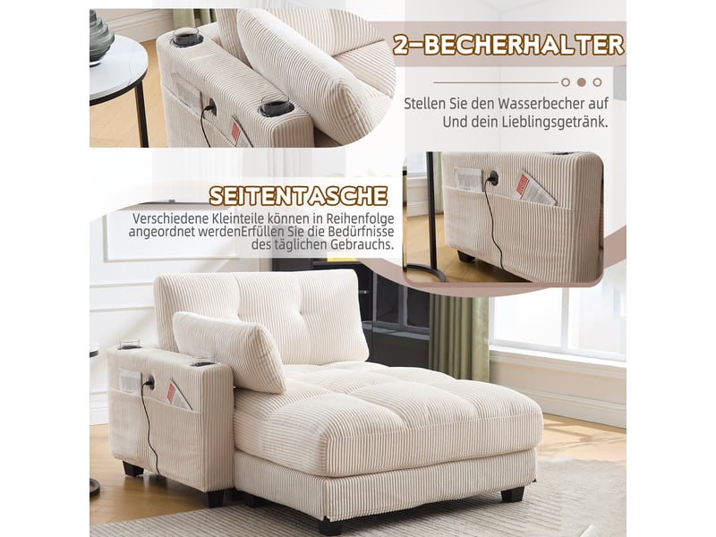  Canapé beige en velours côtelé avec accoudoirs réversibles et coussins d'appui-tête réglables  - Conforama E